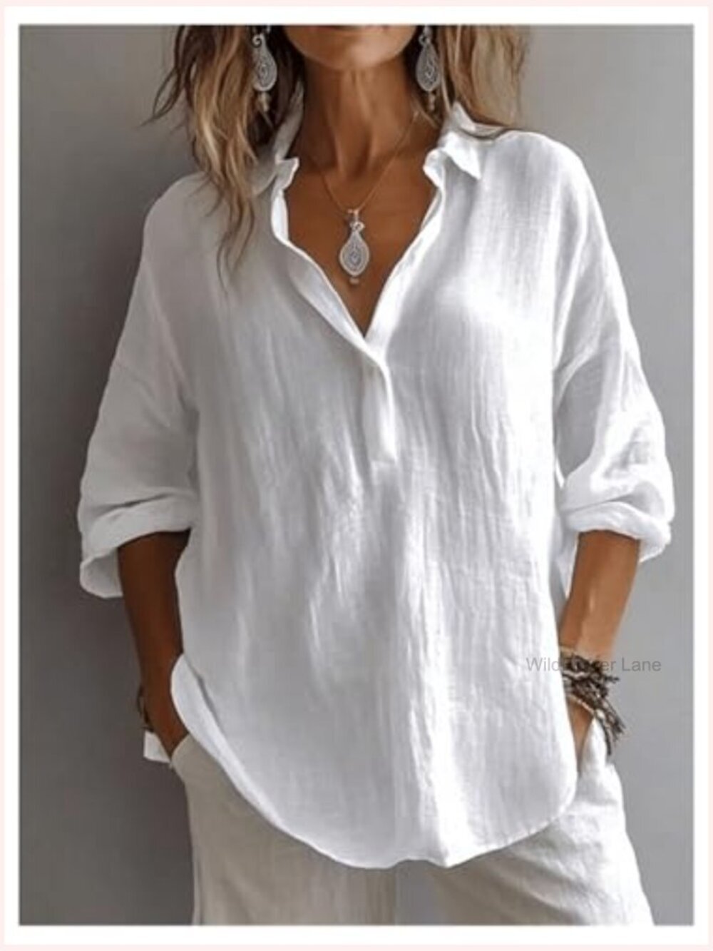 Plus Size Long Sleeve Button Down Blouse Collared Dressy Casual Top - Picture 3 of 5